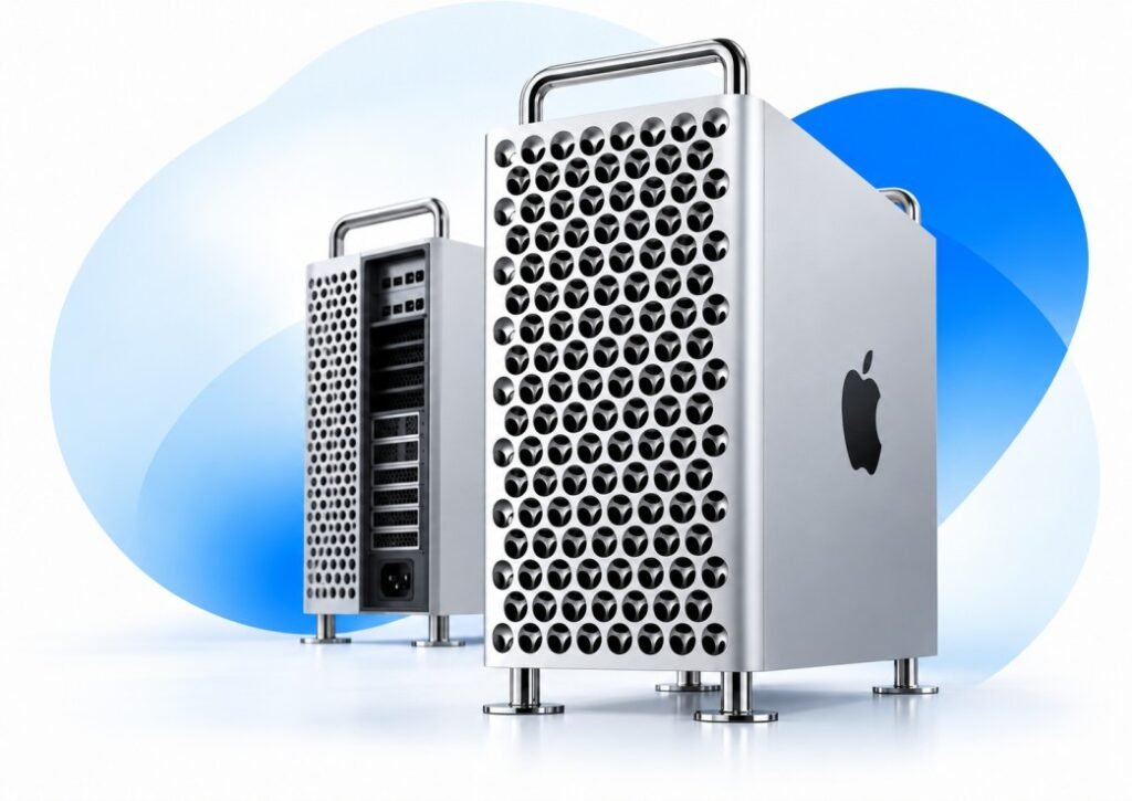 Dual Mac Pro Towers in Blue Studio Light